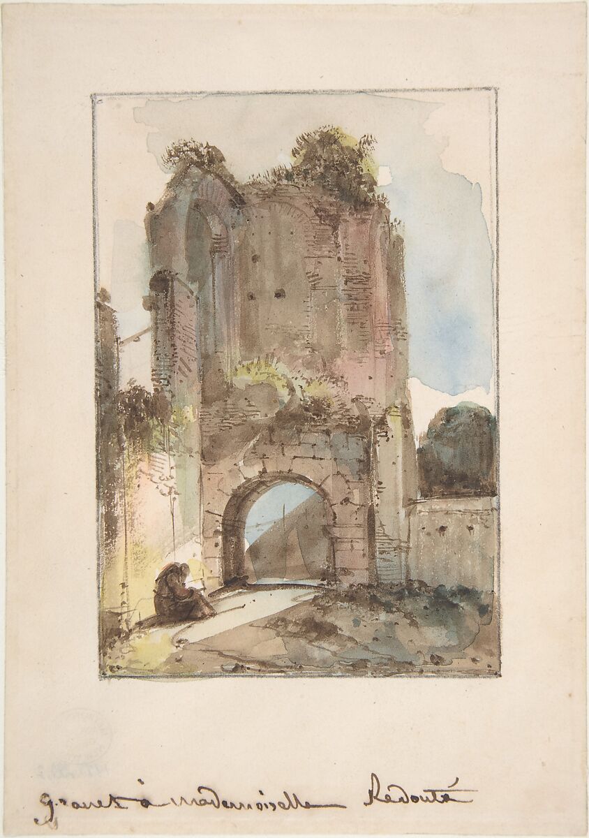 Monk Seated Before a Ruined Gateway, François Marius Granet (French, Aix-en-Provence 1775–1849 Aix-en-Provence), Pen and brown ink, watercolor 