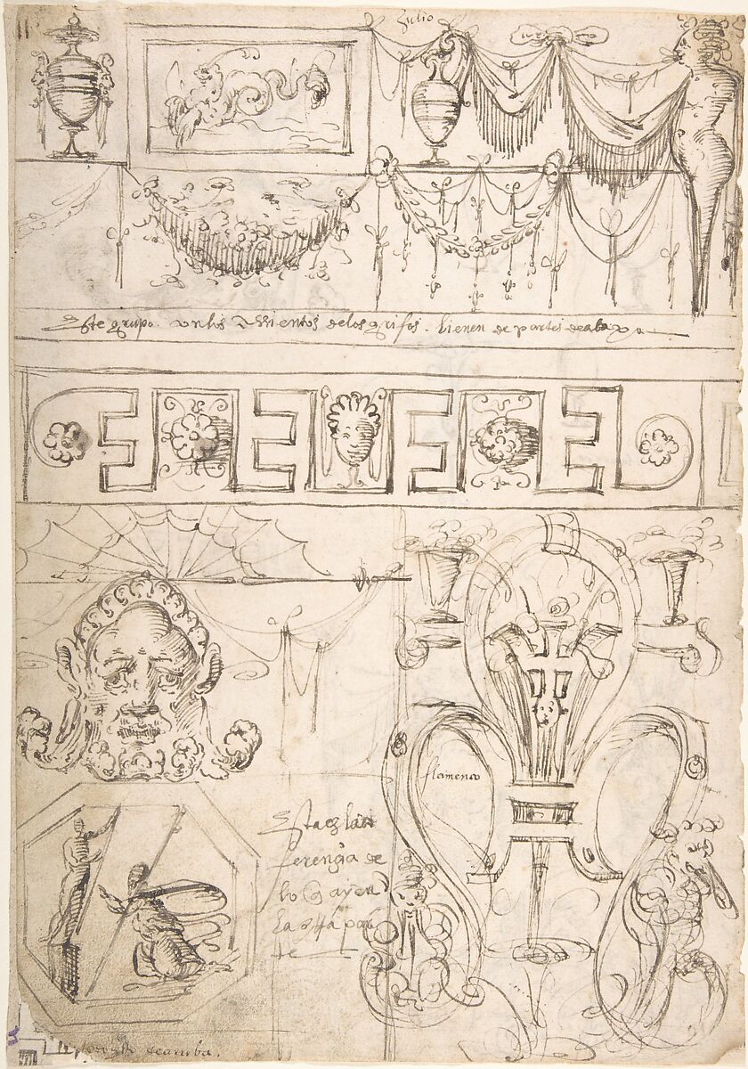 Three sections (recto); uppermost with a Term and garlands; middle section geometric band; bottom section grotesques and strapwork; (verso) Term with a marine creature and putto, ? attributed to Andrés de Melgar (Spanish, documented S. Domingo de la Calzada, died after 1554), Pen and gray-brown ink 