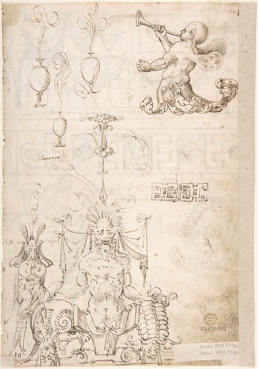 Three sections; uppermost with a Term and garlands; middle section geometric band; bottom section grotesques and strapwork (recto); Term with a marine creature and putto (verso), ? attributed to Andrés de Melgar (Spanish, documented S. Domingo de la Calzada, died after 1554), Pen and gray-brown ink