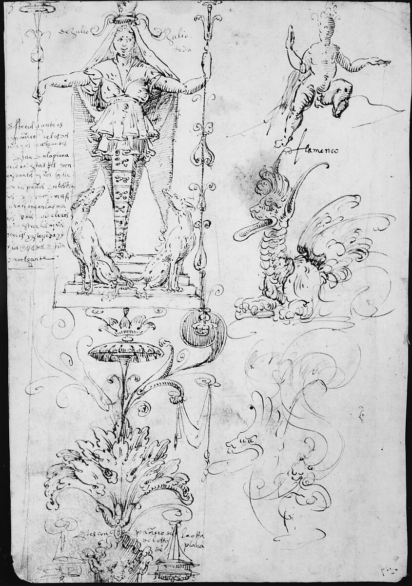Female Term, seated figure, and fantastical creature (recto); Satyr and study of a woman and child (verso), ? attributed to Andrés de Melgar (Spanish, documented S. Domingo de la Calzada, died after 1554), Pen and brown ink