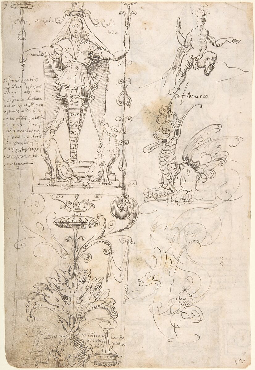 Female Term, seated figure, and fantastical creature (recto); Satyr and study of a woman and child (verso), ? attributed to Andrés de Melgar (Spanish, documented S. Domingo de la Calzada, died after 1554), Pen and brown ink 