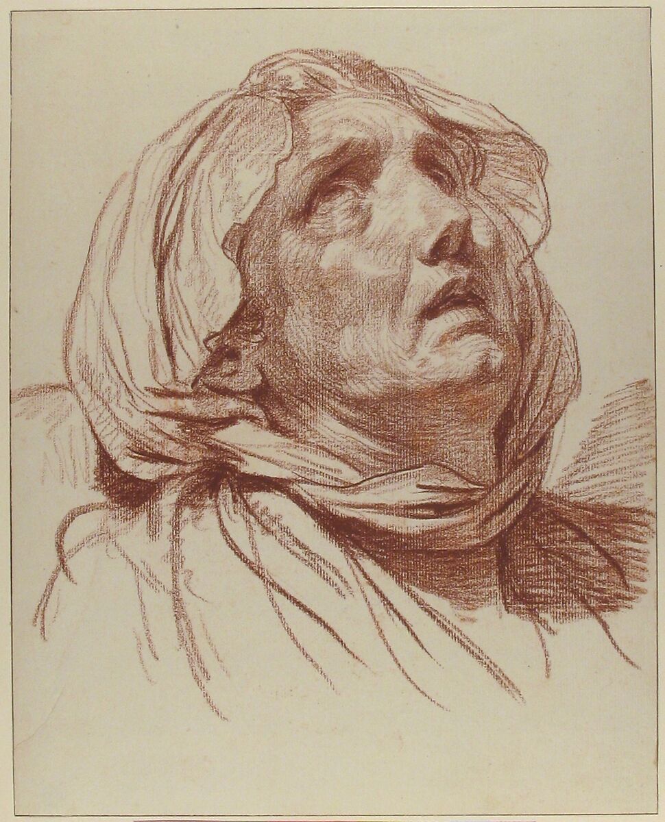 Head of an Old Woman Looking Up, Jean-Baptiste Greuze (French, Tournus 1725–1805 Paris), Red chalk; framing lines in pen and brown ink