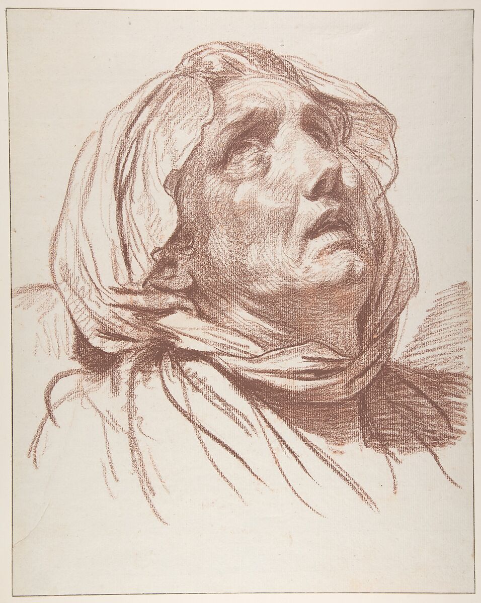 Head of an Old Woman Looking Up, Jean-Baptiste Greuze (French, Tournus 1725–1805 Paris), Red chalk; framing lines in pen and brown ink 