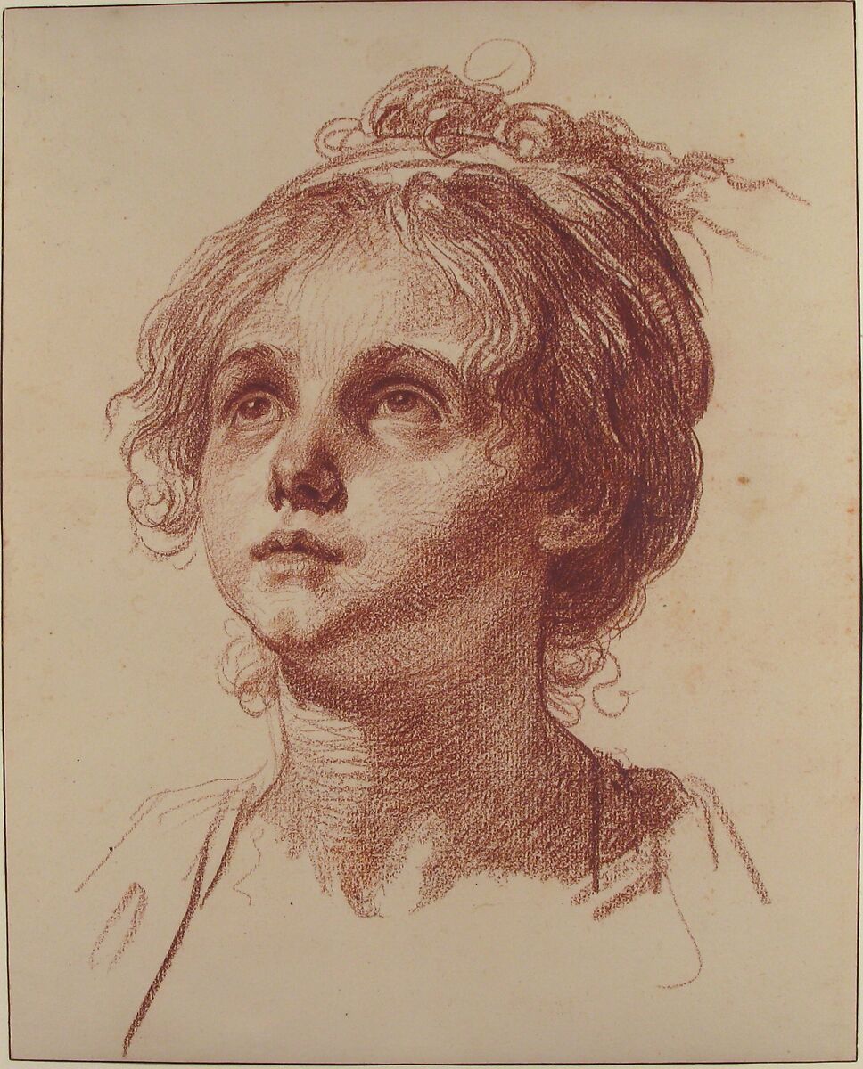 Head of a Girl Looking Up, Jean-Baptiste Greuze (French, Tournus 1725–1805 Paris), Red chalk; framing lines in pen and brown ink