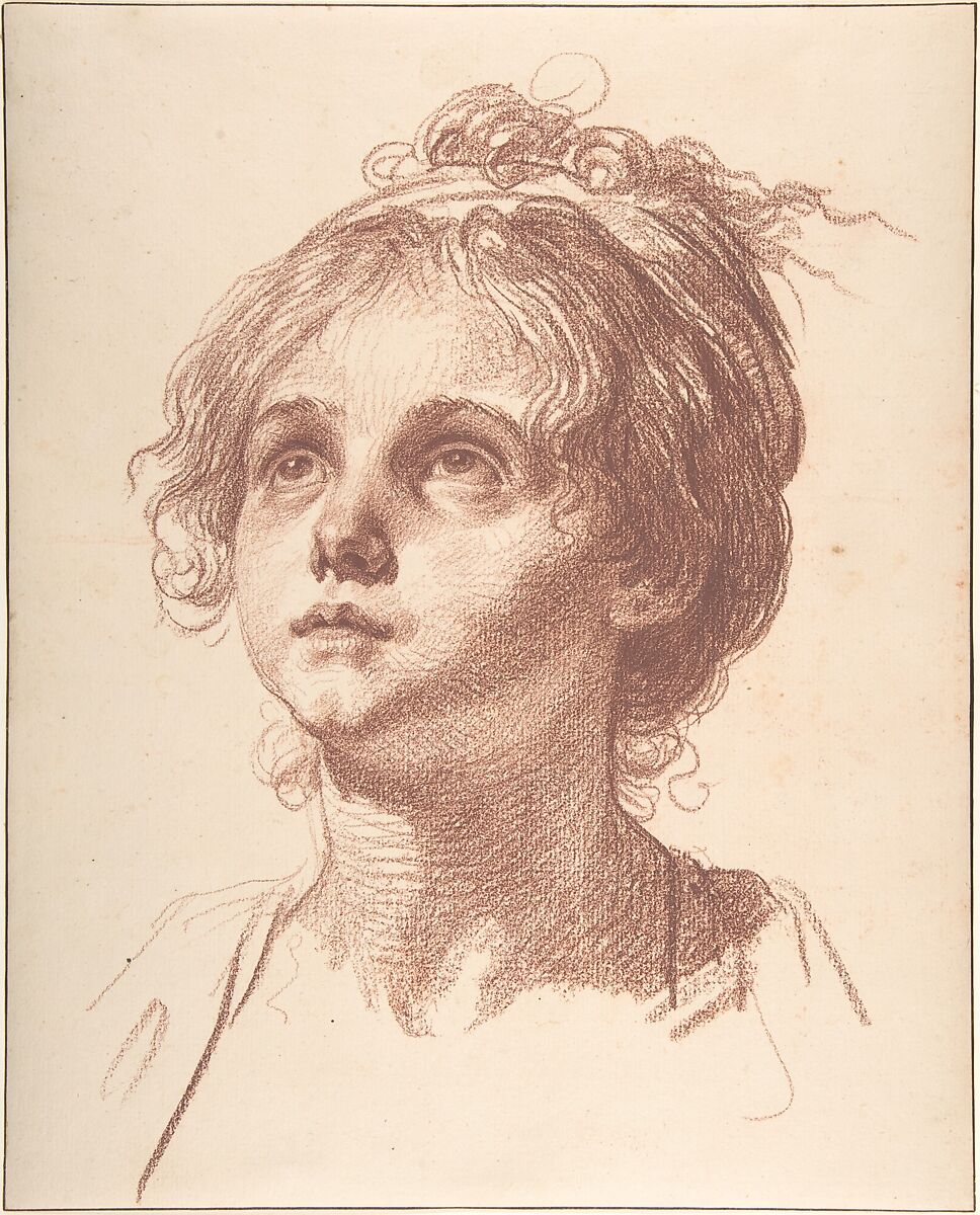 Head of a Girl Looking Up, Jean-Baptiste Greuze (French, Tournus 1725–1805 Paris), Red chalk; framing lines in pen and brown ink 