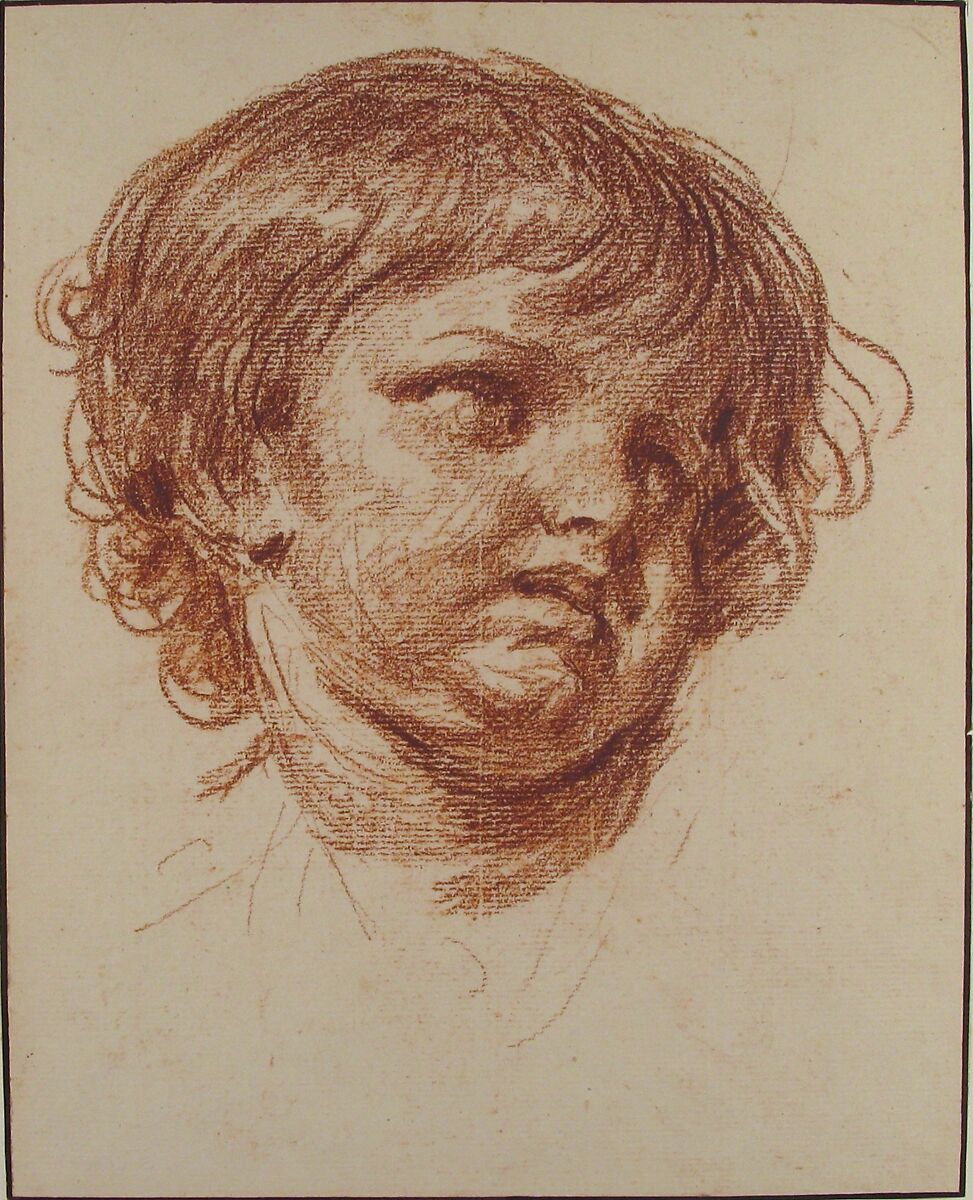 Head of a Young Boy, Jean-Baptiste Greuze (French, Tournus 1725–1805 Paris), Red chalk; framing lines in pen and brown ink