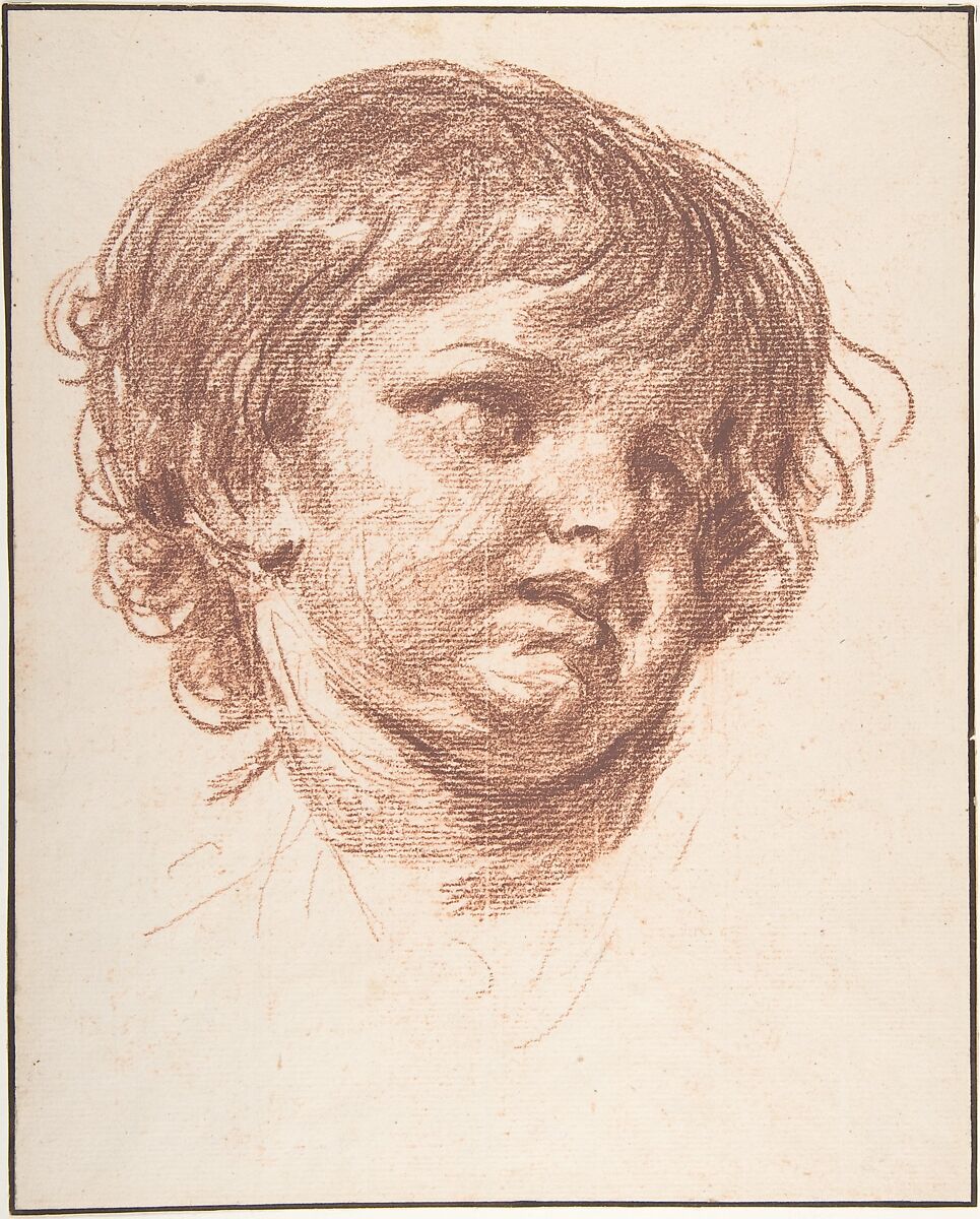 Head of a Young Boy, Jean-Baptiste Greuze (French, Tournus 1725–1805 Paris), Red chalk; framing lines in pen and brown ink 