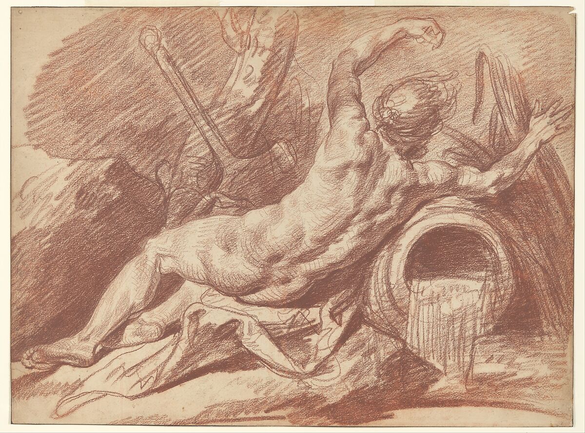 Reclining River God, Jean-Baptiste Greuze  French, Red chalk; framing lines in pen and brown ink