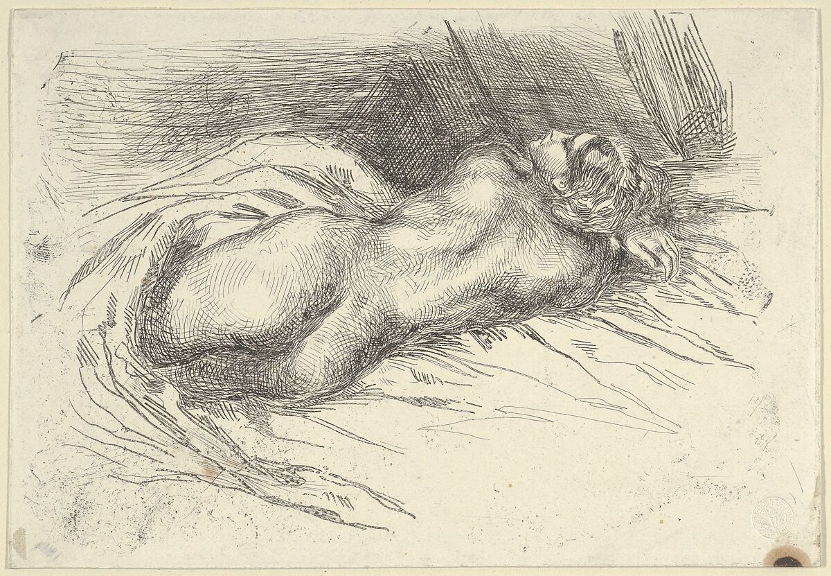 Study of a Woman Viewed from Behind, Eugène Delacroix (French, Charenton-Saint-Maurice 1798–1863 Paris), Etching; second state of five 