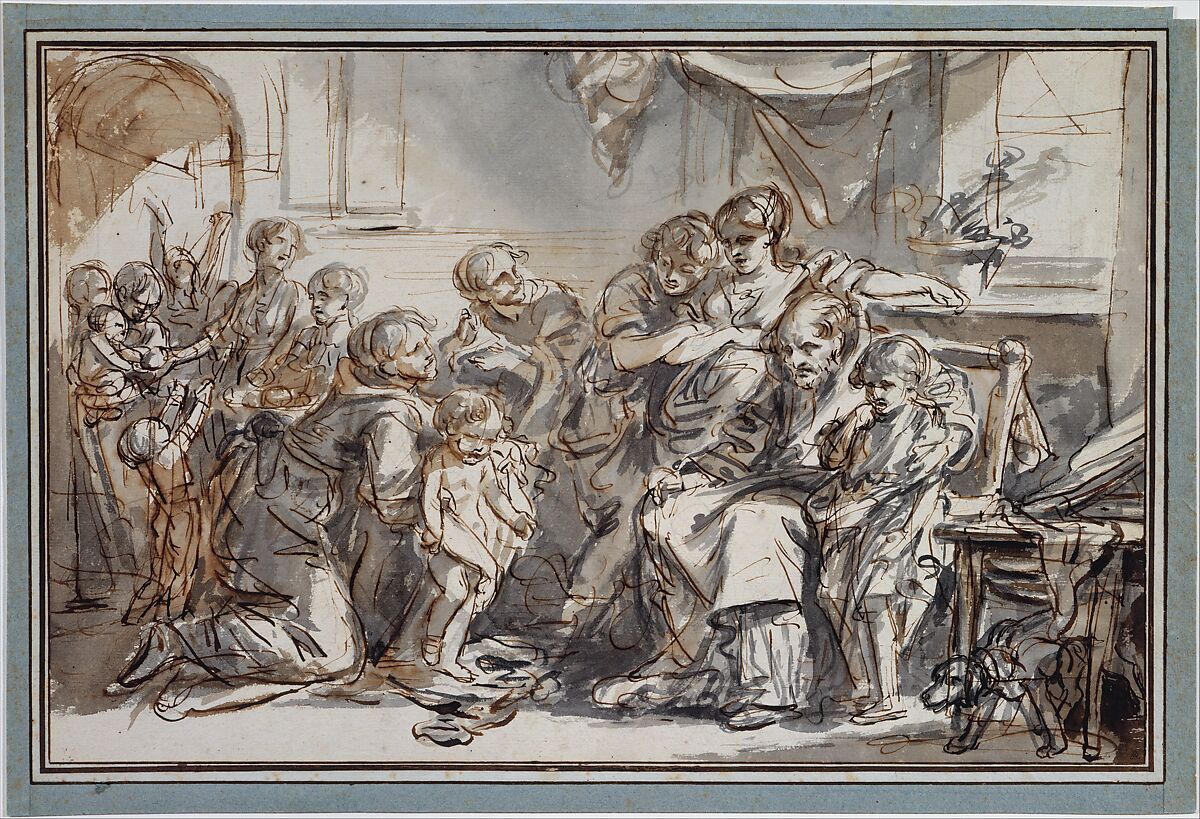 Domestic Scene, Jean-Baptiste Greuze (French, Tournus 1725–1805 Paris), Pen and brown ink, brush and gray and brown wash, over black chalk 