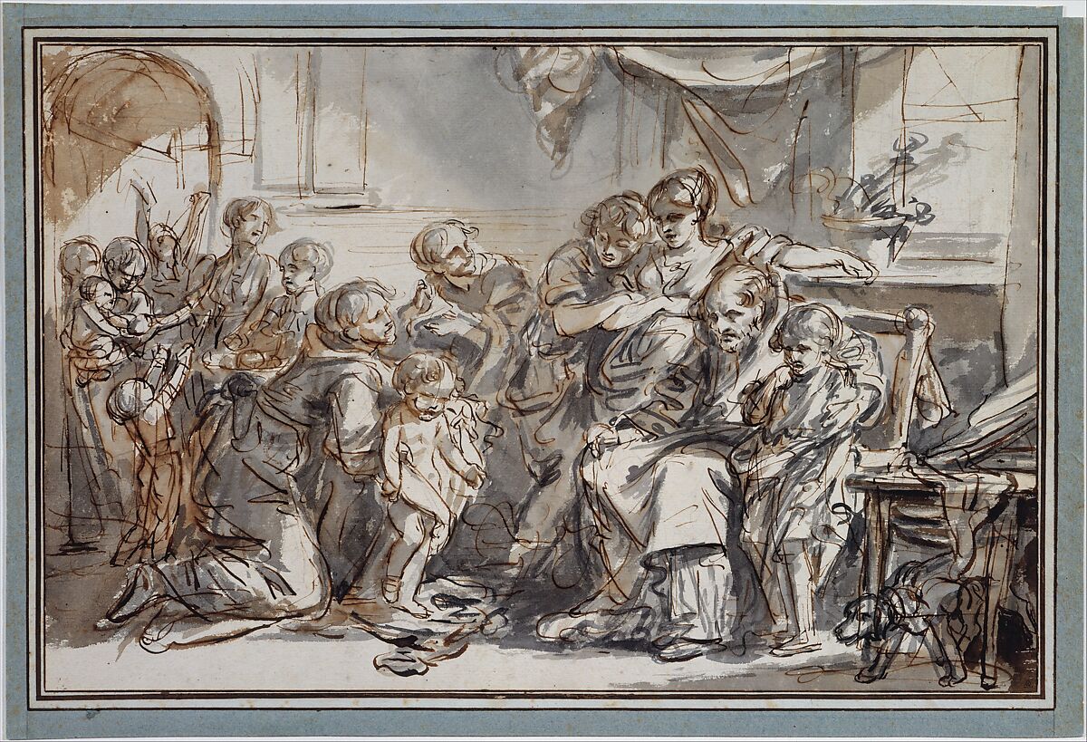 Domestic Scene, Jean-Baptiste Greuze  French, Pen and brown ink, brush and gray and brown wash, over black chalk