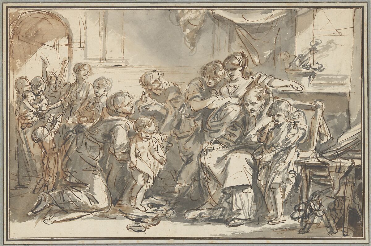 Presentation of the Illegitimate Child, Jean-Baptiste Greuze (French, Tournus 1725–1805 Paris), Pen and brown ink, brush and gray and brown wash, over black chalk