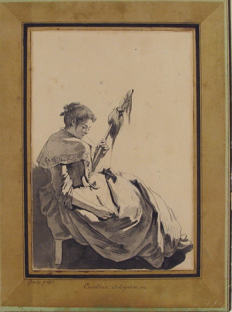 Bolognese Peasant Girl with a Distaff, Jean-Baptiste Greuze (French, Tournus 1725–1805 Paris), Pen and black ink, brush and gray wash, over traces of graphite