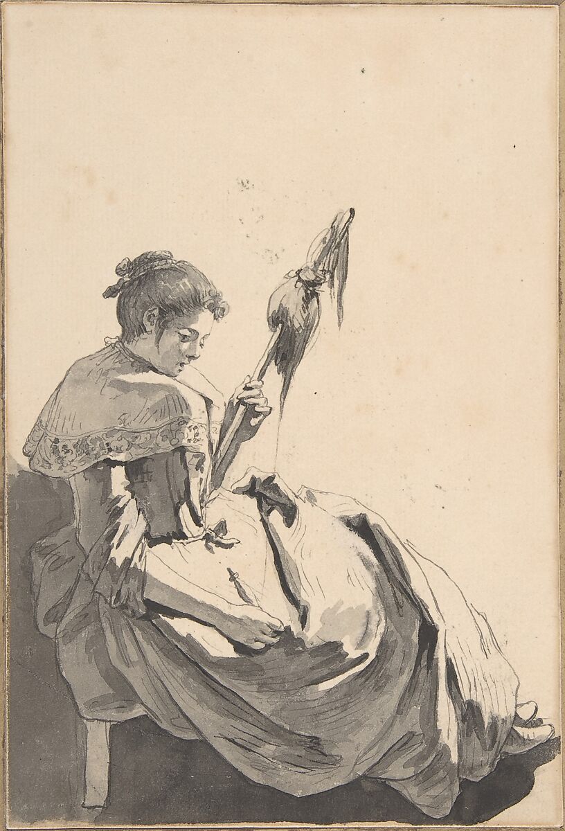 Bolognese Peasant Girl with a Distaff, Jean-Baptiste Greuze (French, Tournus 1725–1805 Paris), Pen and black ink, brush and gray wash, over traces of graphite 