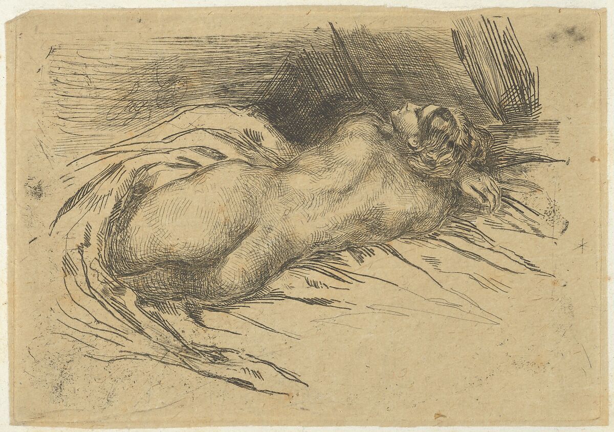 Study of a Woman Viewed from Behind, Eugène Delacroix (French, Charenton-Saint-Maurice 1798–1863 Paris), Etching on chine collé; second state of four 