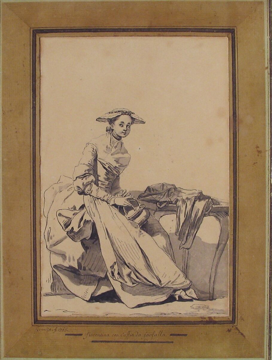 Florentine Woman Wearing a Butterfly Cap and Holding a Hand Warmer, Jean-Baptiste Greuze (French, Tournus 1725–1805 Paris), Pen and black ink, brush and gray wash, over traces of graphite