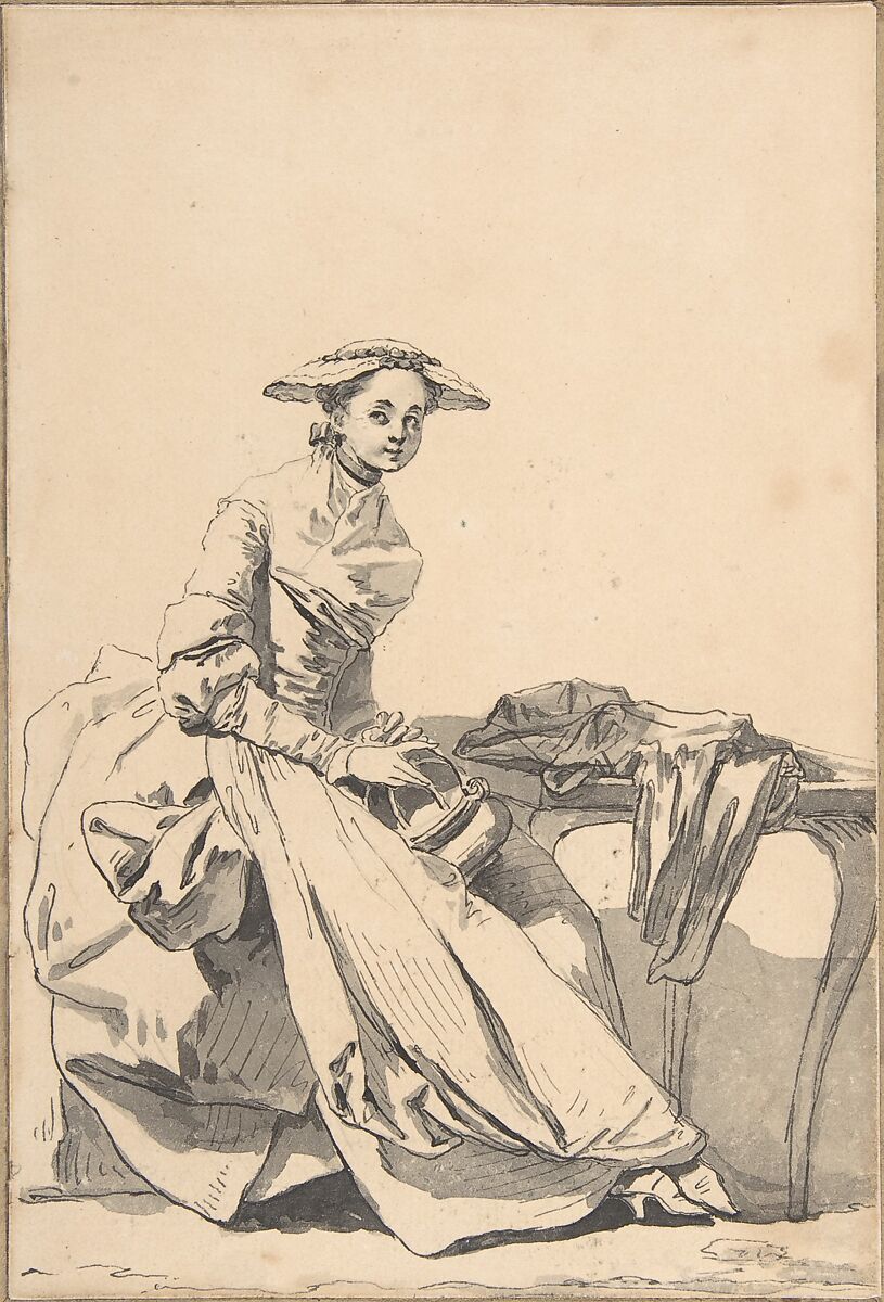 Florentine Woman Wearing a Butterfly Cap and Holding a Hand Warmer, Jean-Baptiste Greuze (French, Tournus 1725–1805 Paris), Pen and black ink, brush and gray wash, over traces of graphite 