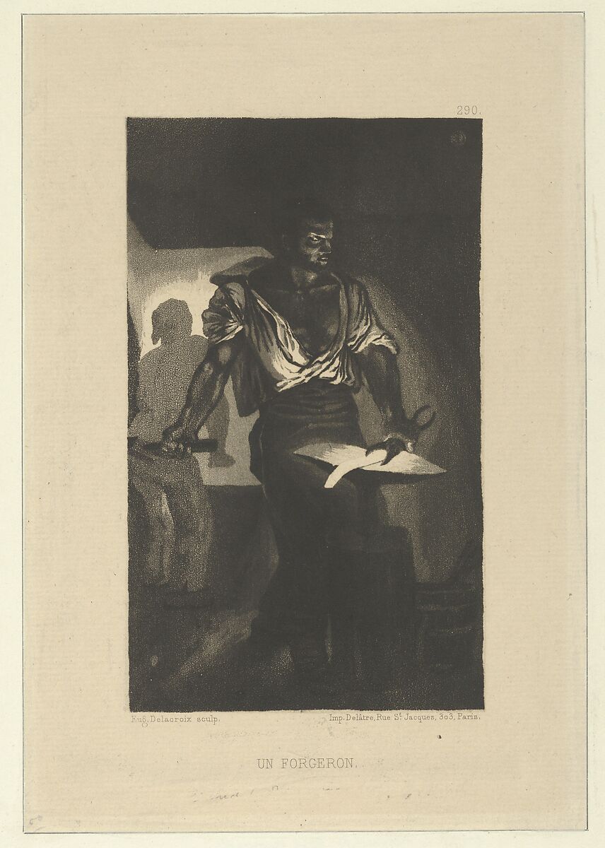 A Blacksmith, Eugène Delacroix (French, Charenton-Saint-Maurice 1798–1863 Paris), Aquatint and drypoint on laid beige paper; fifth state of six 