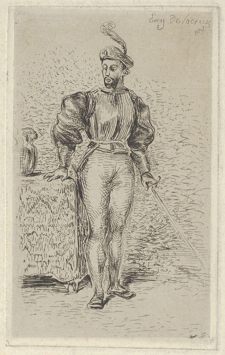 Man at Arms, Eugène Delacroix (French, Charenton-Saint-Maurice 1798–1863 Paris), Etching on chine collé; first state of four 
