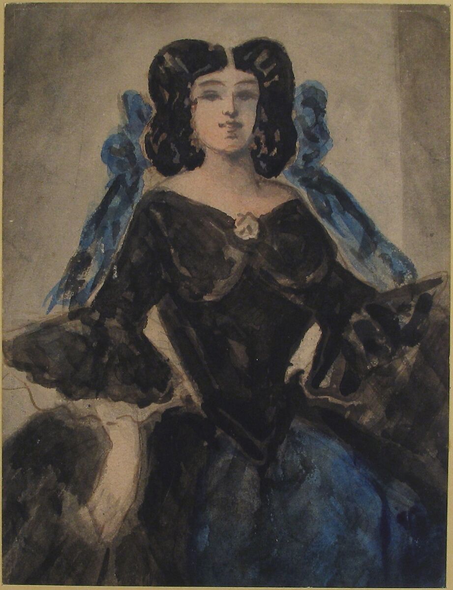 Portrait of a Lady, Constantin Guys (French, Flushing 1802–1892 Paris), Brush and black, gray, blue, brown, and pink  wash; graphite. Laid down.