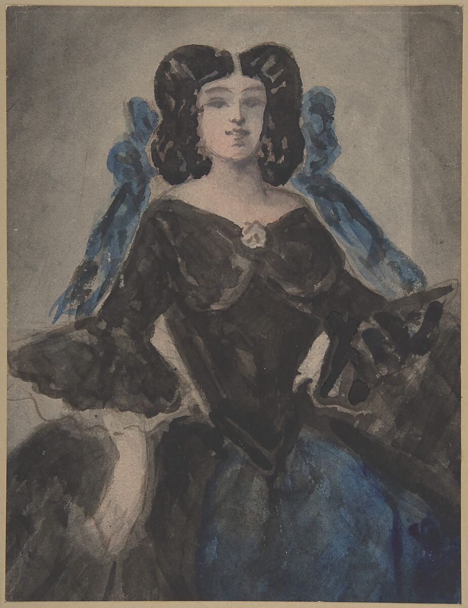 Portrait of a Lady, Constantin Guys (French, Flushing 1802–1892 Paris), Brush and black, gray, blue, brown, and pink  wash; graphite. Laid down. 