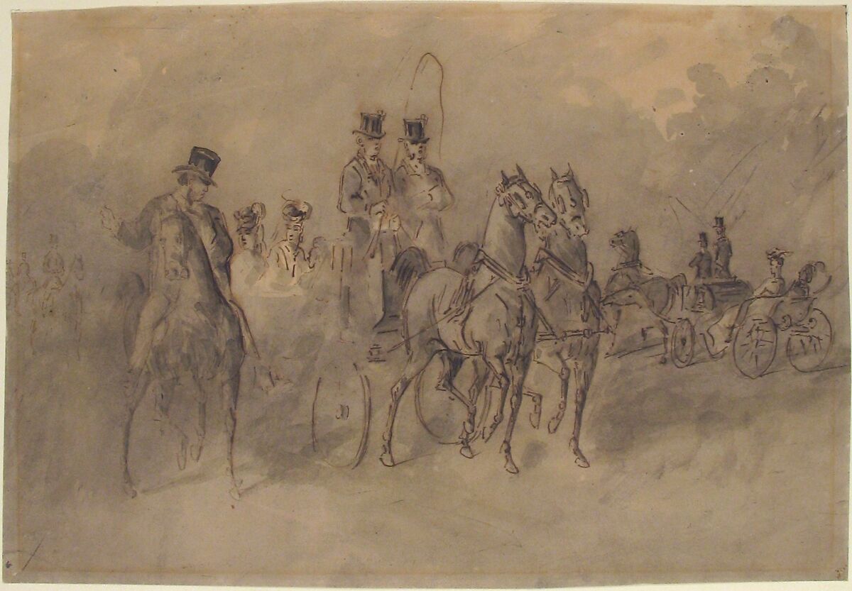 Driving in the Bois de Boulogne, Constantin Guys (French, Flushing 1802–1892 Paris), Pen and brown ink, gray wash
