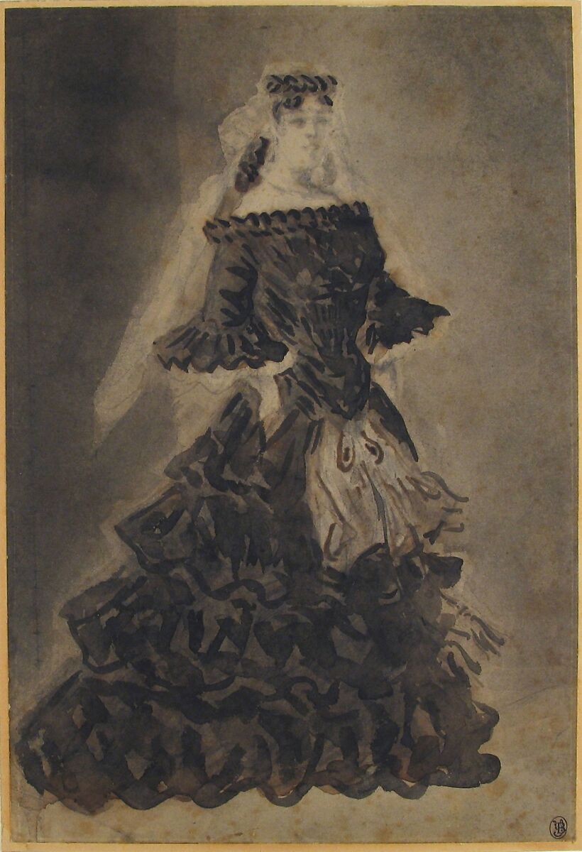 A Lady with a Veil, Constantin Guys (French, Flushing 1802–1892 Paris), Brush and black, gray, and brown wash, over graphite. Laid down.