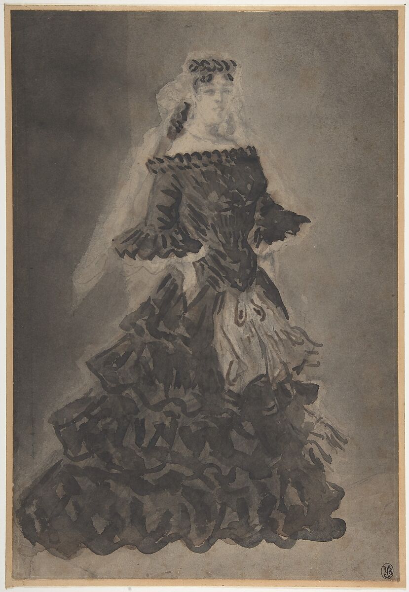 A Lady with a Veil, Constantin Guys (French, Flushing 1802–1892 Paris), Brush and black, gray, and brown wash, over graphite. Laid down. 