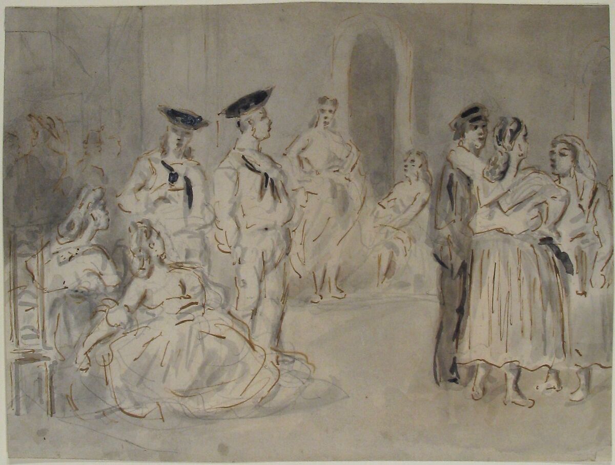 Sailors and Women, Constantin Guys (French, Flushing 1802–1892 Paris), Pen and brown ink, gray and some black wash, over graphite