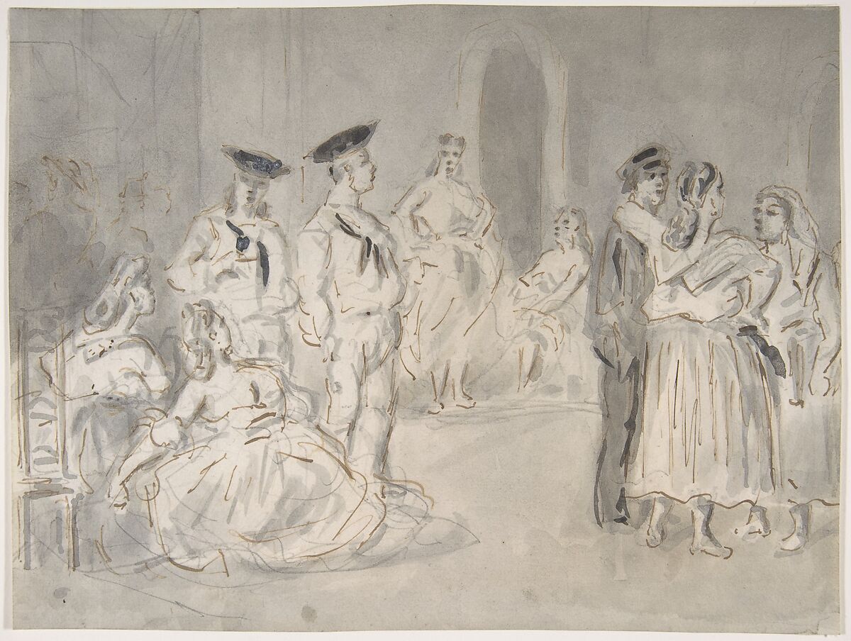 Sailors and Women, Constantin Guys (French, Flushing 1802–1892 Paris), Pen and brown ink, gray and some black wash, over graphite 