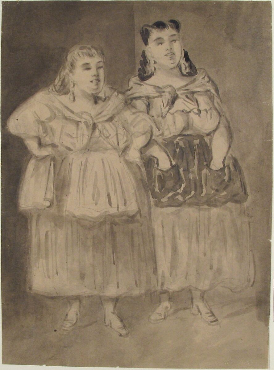 Two Fat Peasant Women, Constantin Guys (French, Flushing 1802–1892 Paris), Brush and gray wash, over graphite