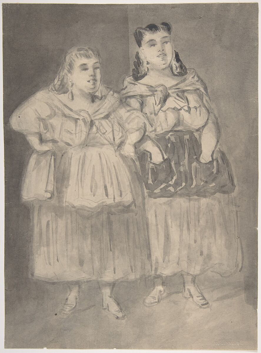 Two Fat Peasant Women, Constantin Guys (French, Flushing 1802–1892 Paris), Brush and gray wash, over graphite 