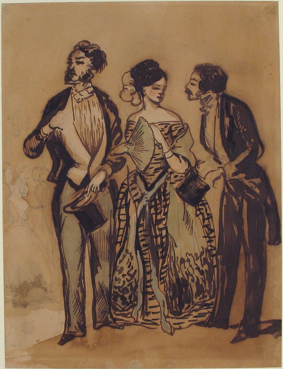 Two Gentlemen and a Lady, Constantin Guys (French, Flushing 1802–1892 Paris), Pen and brown ink, brush and brown, green and blue wash, over graphite with touches of red chalk