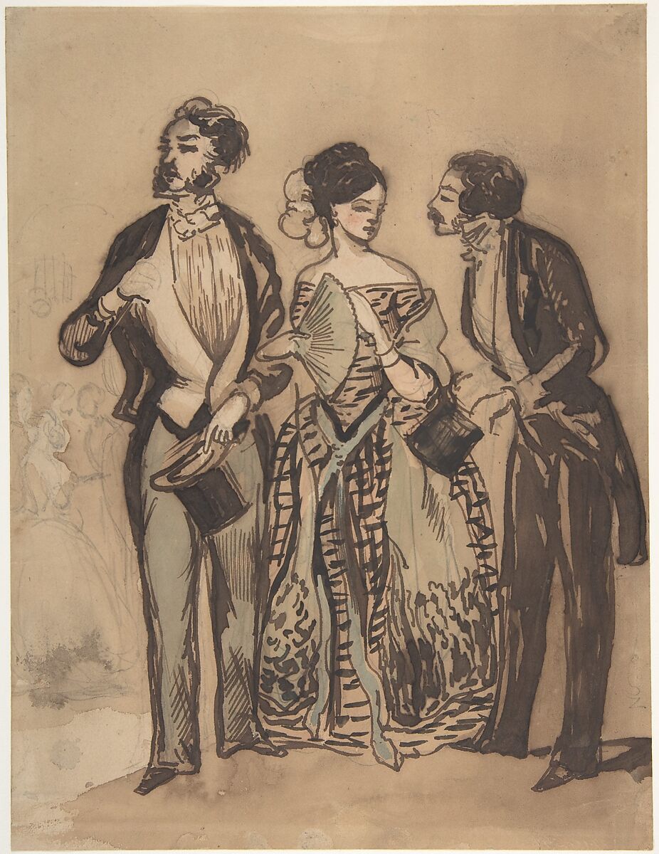 Two Gentlemen and a Lady, Constantin Guys (French, Flushing 1802–1892 Paris), Pen and brown ink, brush and brown, green and blue wash, over graphite; touches of red chalk 