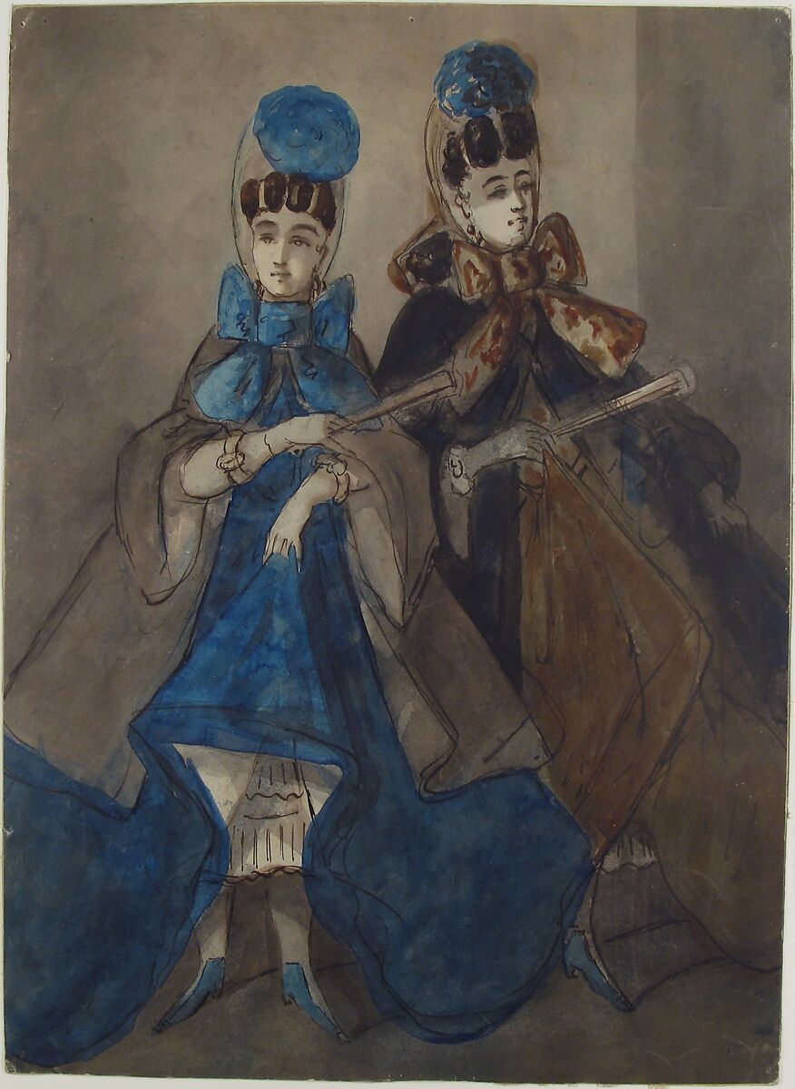 Two Women with Fans, Constantin Guys (French, Flushing 1802–1892 Paris), Pen and brown ink, gray, blue, and brown wash. Laid down.