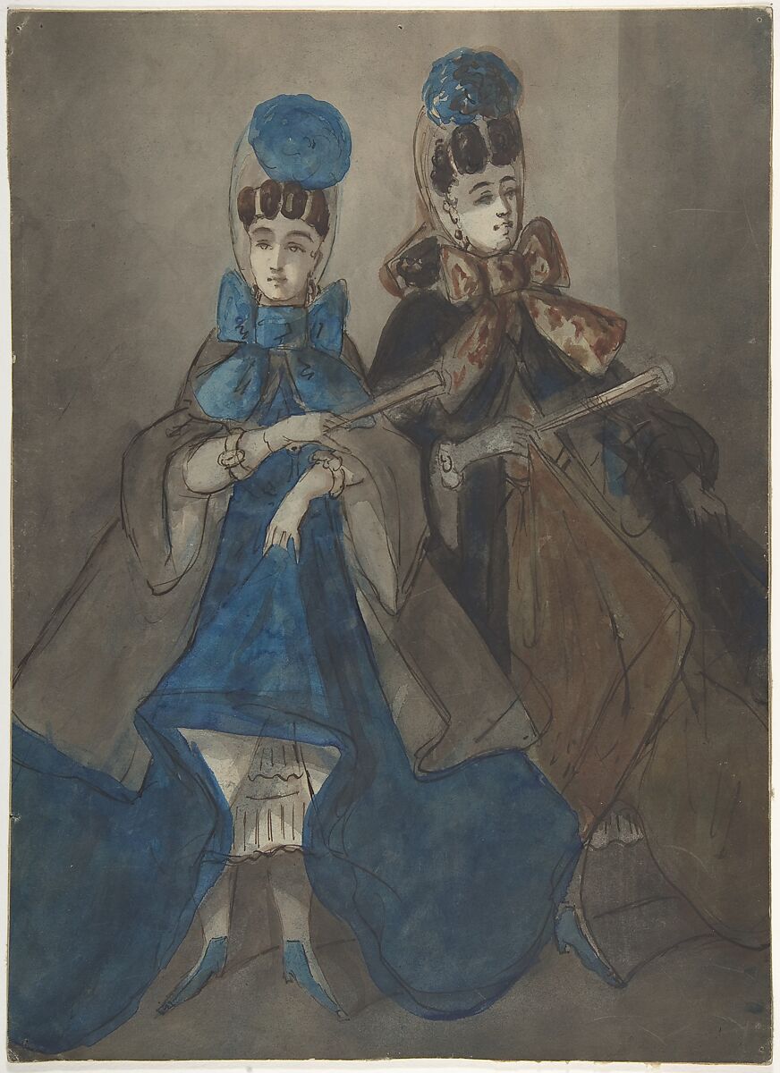Two Women with Fans, Constantin Guys (French, Flushing 1802–1892 Paris), Pen and brown ink, gray, blue, and brown wash. Laid down. 