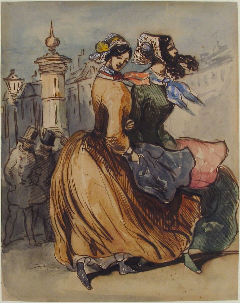 Two Grisettes, Constantin Guys (French, Flushing 1802–1892 Paris), Pen and brown ink, watercolor, over graphite