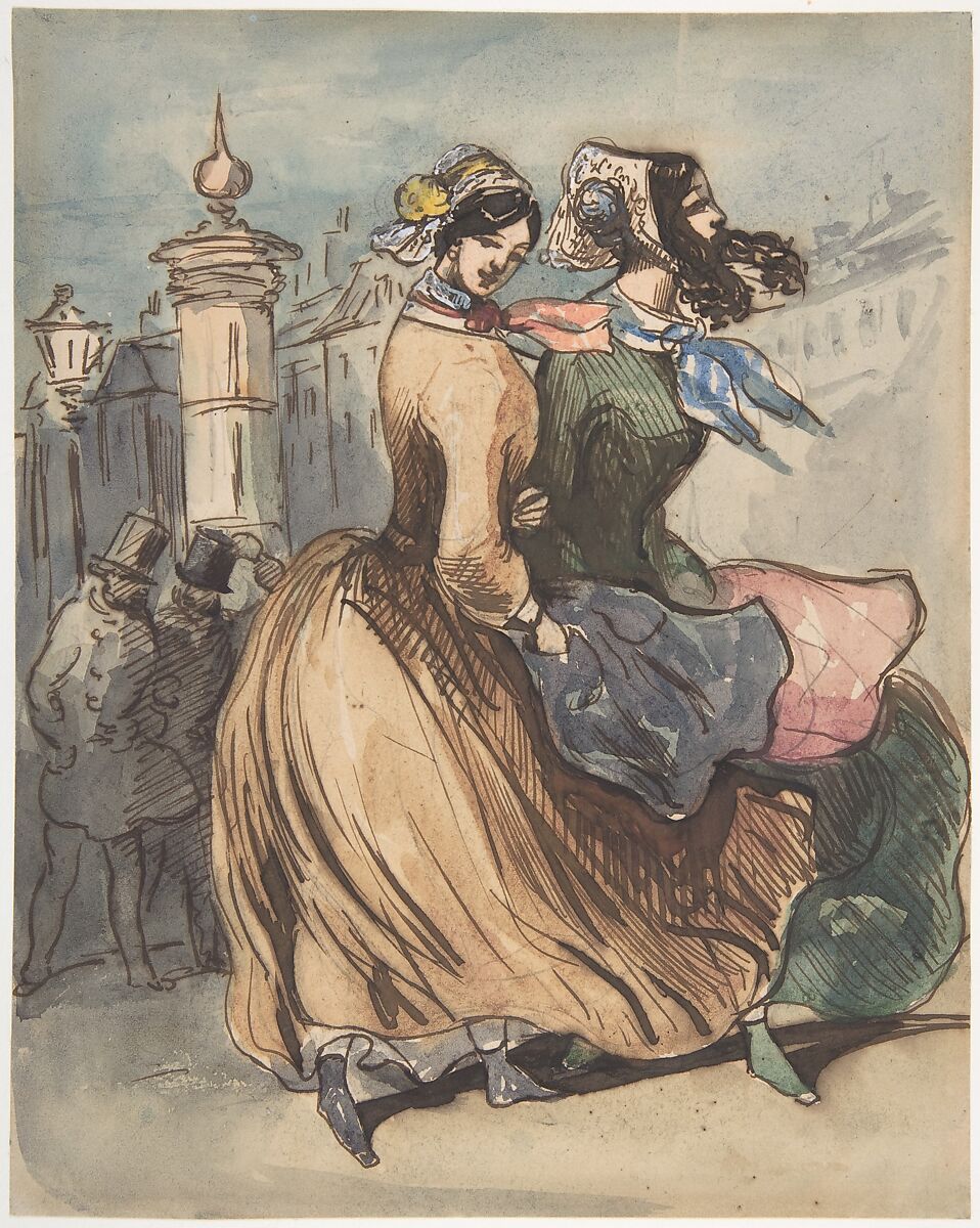 Two Grisettes, Constantin Guys (French, Flushing 1802–1892 Paris), Pen and brown ink, watercolor, over graphite 