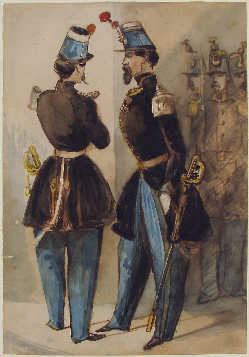 Officers of the Guard, Constantin Guys (French, Flushing 1802–1892 Paris), Pen and brown ink, black, blue and some brown wash, with touches of yellow and red wash, over traces of graphite