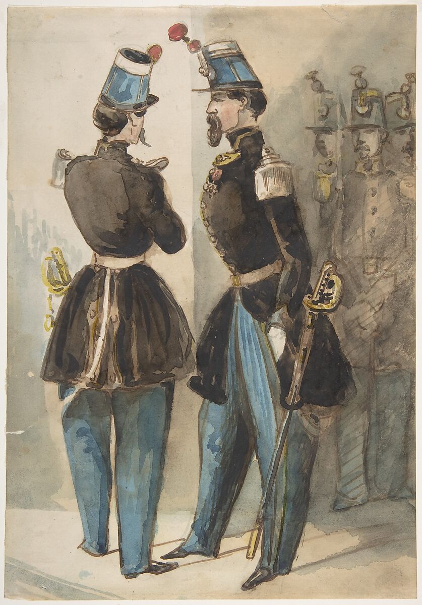Officers of the Guard, Constantin Guys (French, Flushing 1802–1892 Paris), Pen and brown ink, black, blue and some brown wash, with touches of yellow and red wash, over traces of graphite 