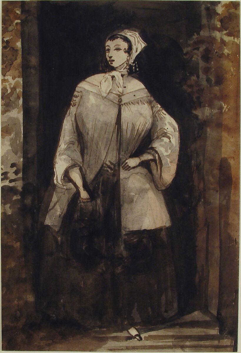 Woman Standing in a Doorway, Constantin Guys (French, Flushing 1802–1892 Paris), Pen and brown ink, brown and black wash, over traces of graphite