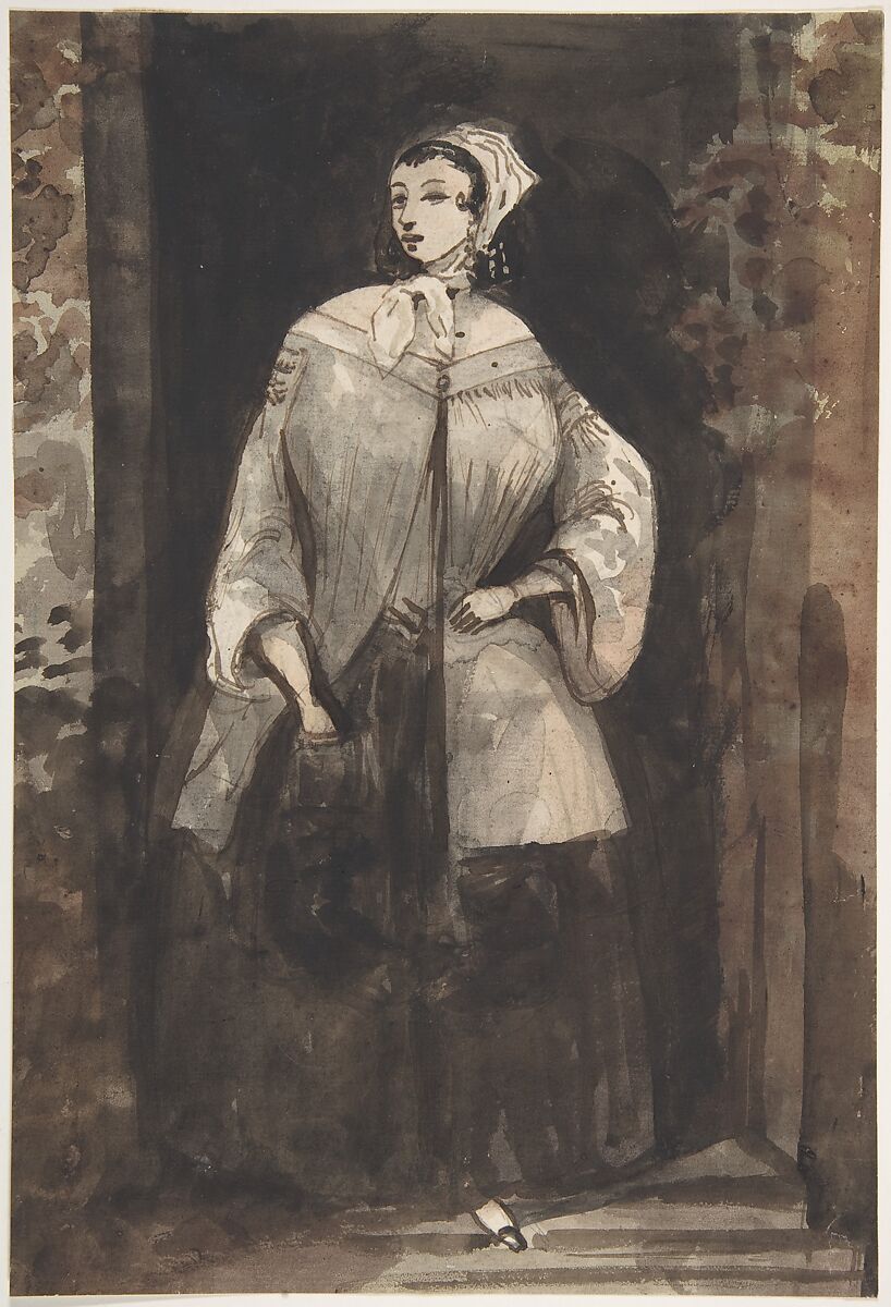 Woman Standing in a Doorway, Constantin Guys (French, Flushing 1802–1892 Paris), Pen and brown ink, brown and black wash, over traces of graphite 