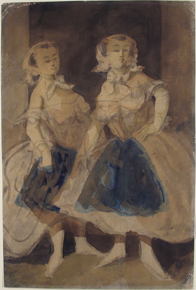 Two Soubrettes, Constantin Guys (French, Flushing 1802–1892 Paris), Brush and gray, black, and blue wash over traces of graphite