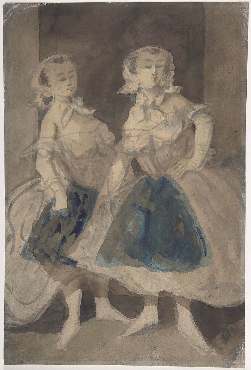 Two Soubrettes, Constantin Guys (French, Flushing 1802–1892 Paris), Brush and gray, black, and blue wash over traces of graphite 
