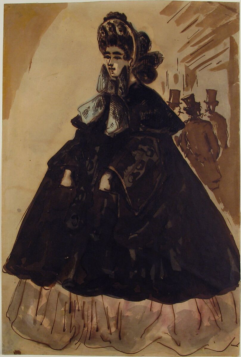 A Lady in a Bonnet and Coat, Constantin Guys (French, Flushing 1802–1892 Paris), Pen and brown ink, brown wash, with touches of pale blue and rose watercolor over traces of graphite