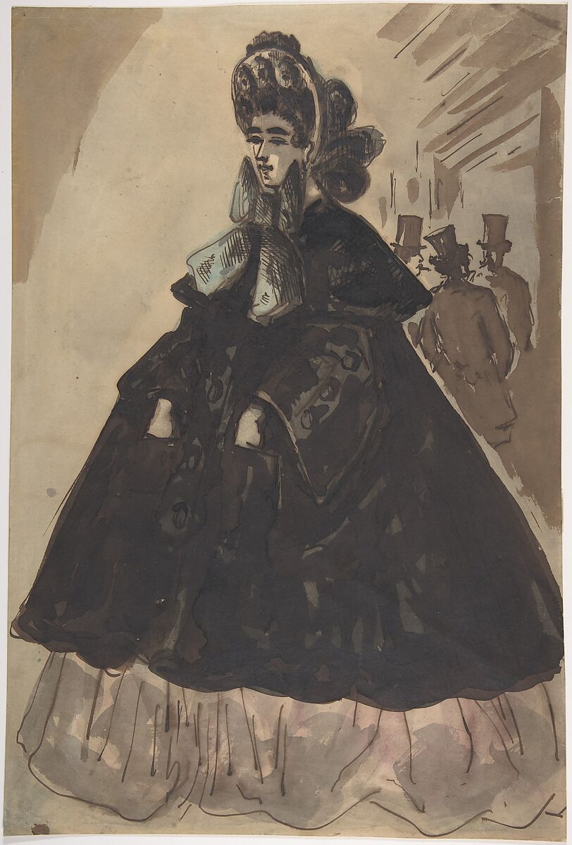 A Lady in a Bonnet and Coat, Constantin Guys (French, Flushing 1802–1892 Paris), Pen and brown ink, brown wash, with touches of pale blue and rose watercolor over traces of graphite 