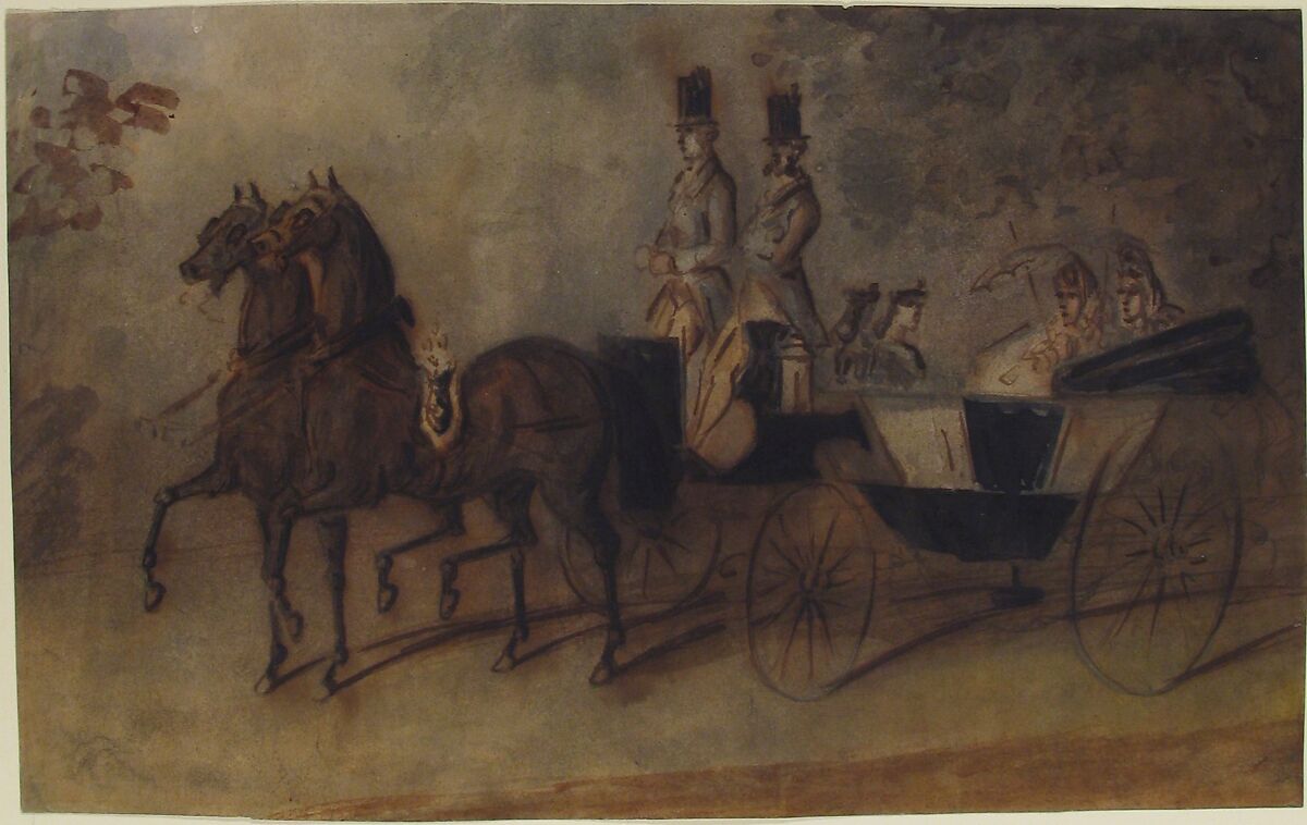 Women in a Carriage, Constantin Guys (French, Flushing 1802–1892 Paris), Pen and brown ink, brown, gray and black wash