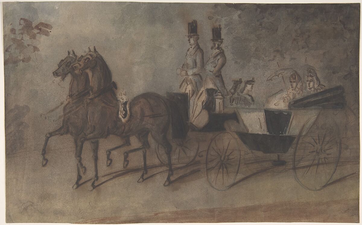 Women in a Carriage, Constantin Guys (French, Flushing 1802–1892 Paris), Pen and brown ink, brown, gray and black wash 
