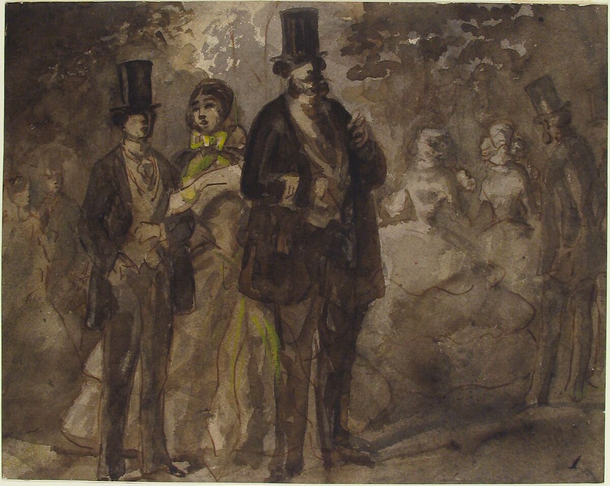 Walking in the Park, Constantin Guys (French, Flushing 1802–1892 Paris), Pen and brown ink, brush and gray and black wash, and touches of yellow wash.  Laid down.