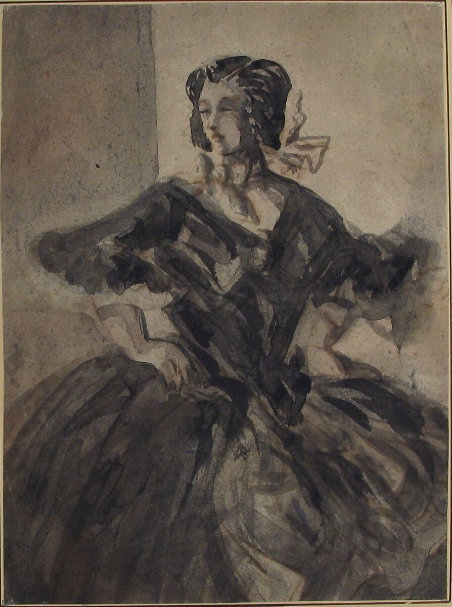 Woman with Arms Akimbo, Constantin Guys (French, Flushing 1802–1892 Paris), Brush and black and gray wash over traces of pen and brown ink.  Laid down.